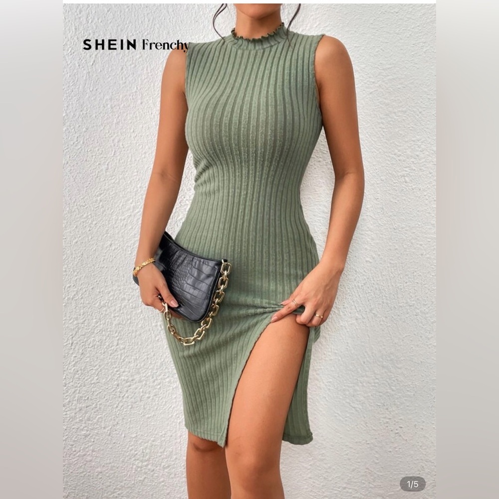 Olive Green Ribbed Dress